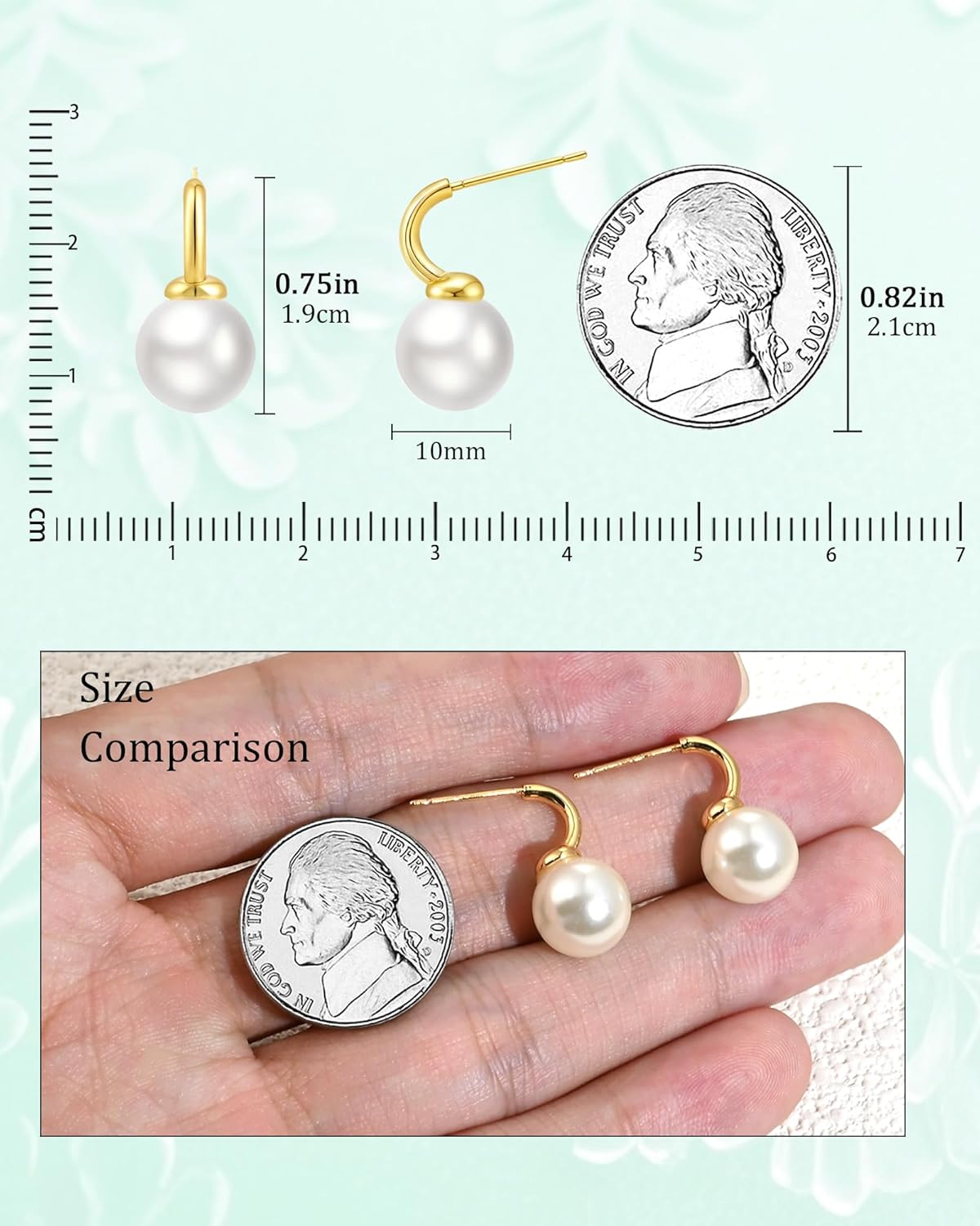 14K Gold Plated Pearl Drop Earrings, 10MM Pearls Dangle Stud Earrings for Daily Wear & Gift (Classic Jewelry) - Image 4