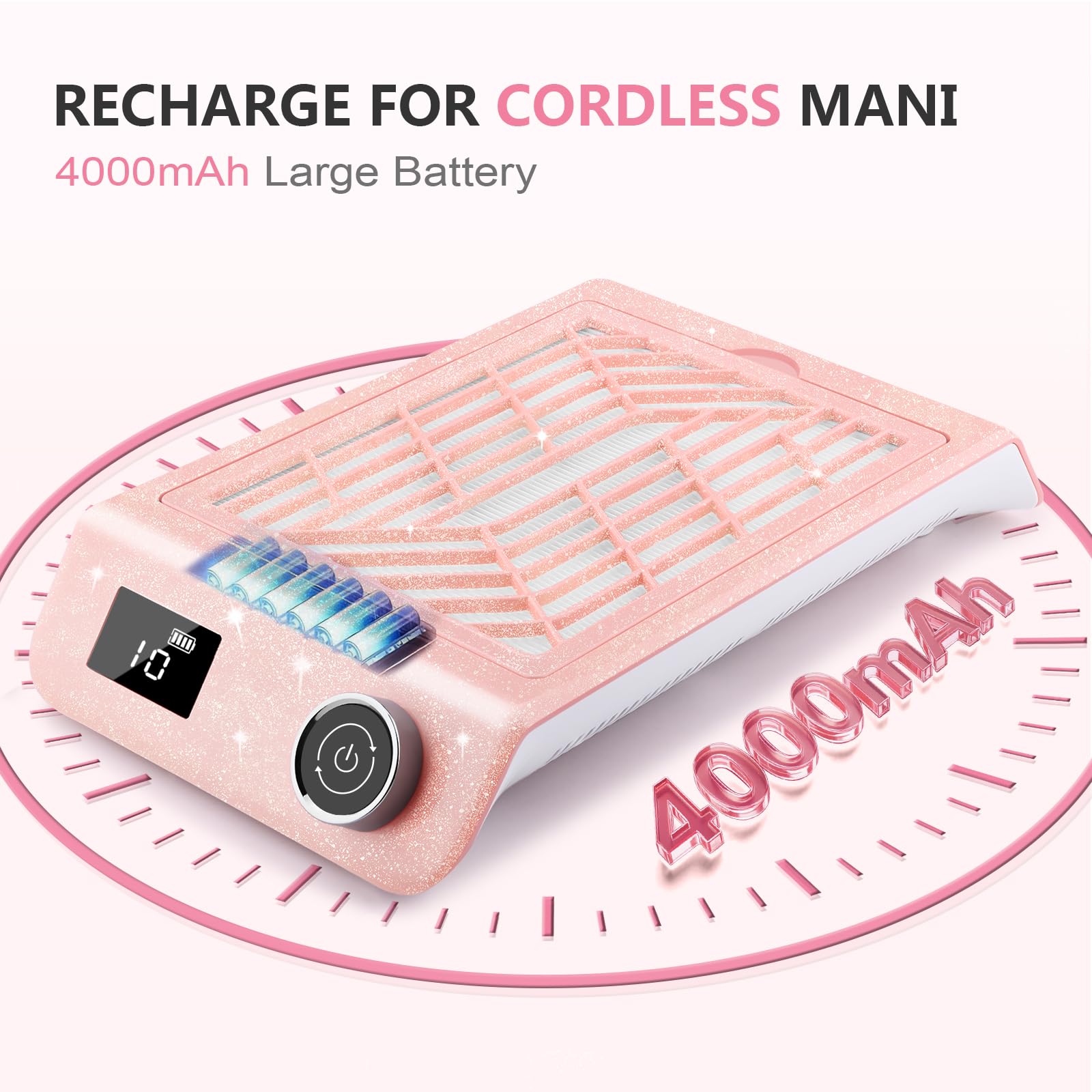 Kredioo Glitter Pink Rechargeable Nail Dust Collector with 10 Speeds