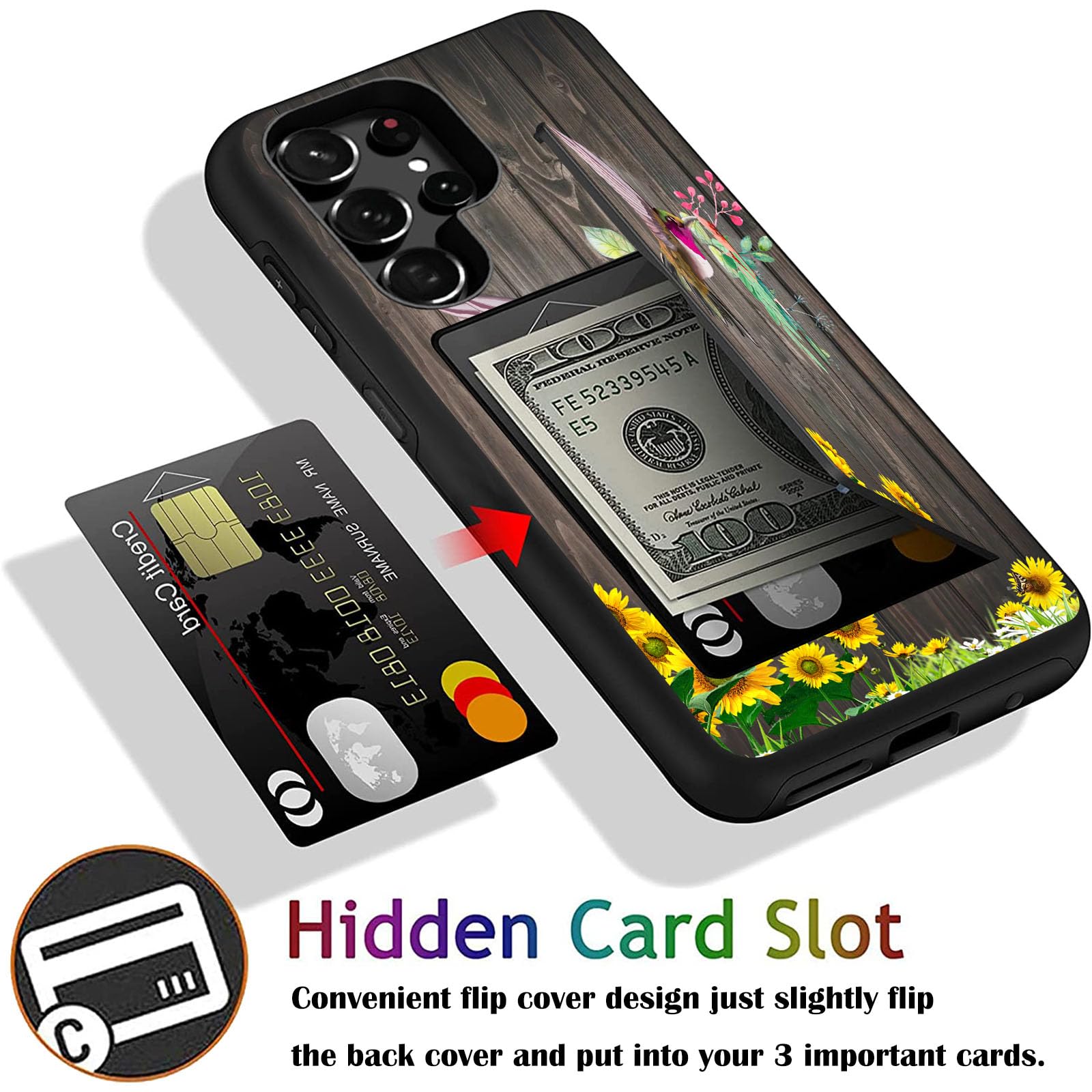 Amazon.com: Designed for Galaxy S24 Ultra Card Holder Credit Card Wallets  Case,Dual Layer Hybrid Shockproof Drop Protection with Kickstand Feature  Case for Samsung Galaxy S24 Ultra,Hummingbird and Sunflower : Cell Phones &
