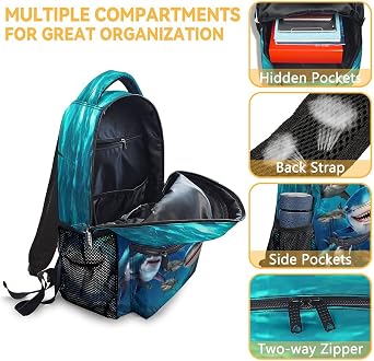Shark Backpacks for Boys, Large Capacity Cute Backpack for School, Sharks Lightweight Bookbag for Kids