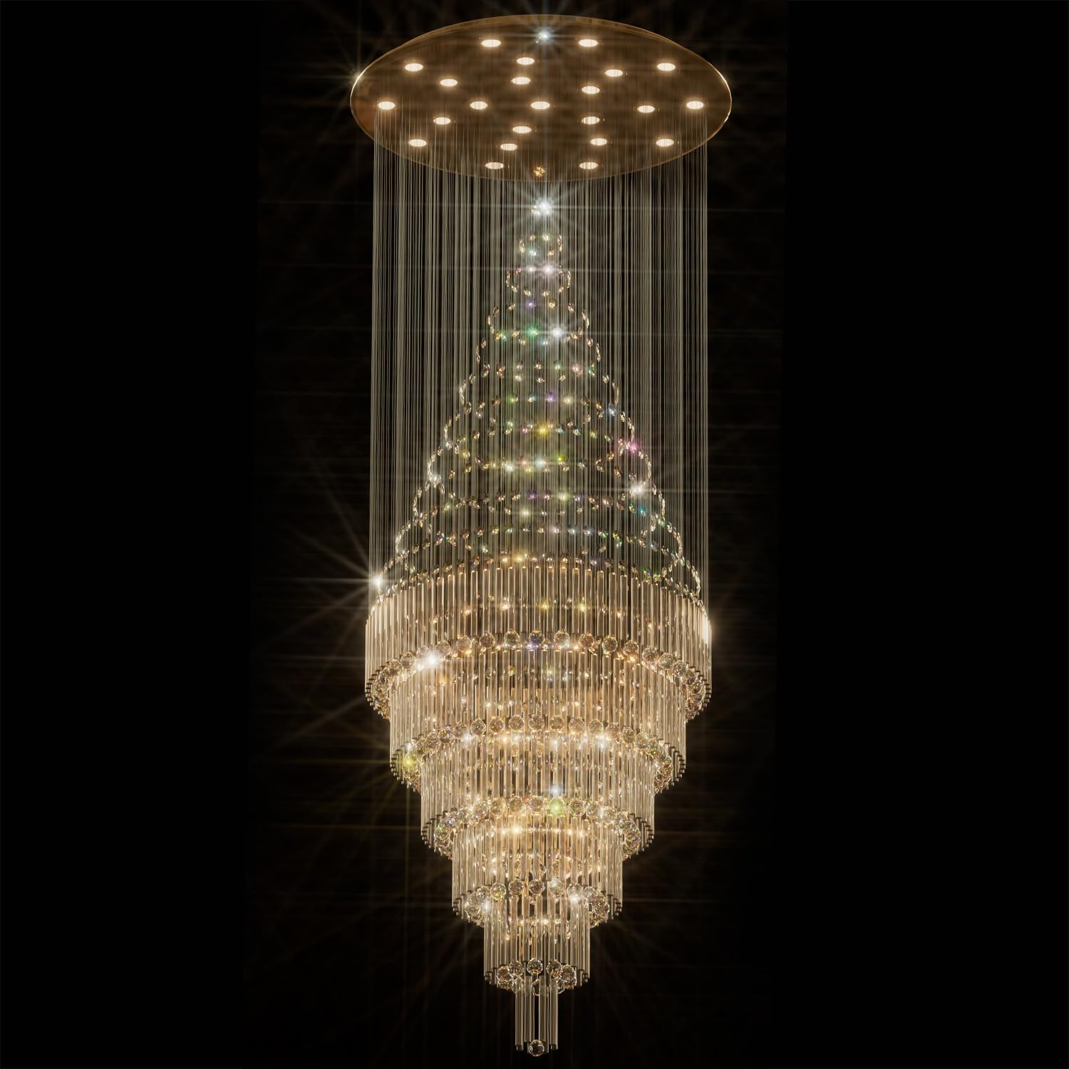 Flashing God D48''X H120''High Ceiling Chandelier Crystal Raindrop Gold Chandeliers Large Villa Chandelier Entrance Foyer Hight Ceiling Lighting LED Dimmable 2700K-4500K-6000K 24 LED Bulbs Include