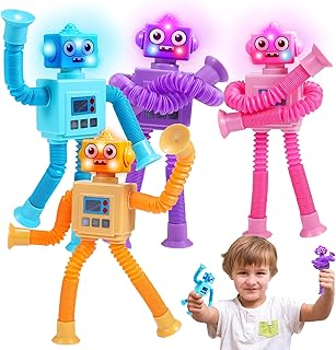 Robot Fidget Toys for Kids : 4 Pack LED Robotic Pop Tubes Telescopic Suction Cup Sensory Toy for 3 4 5 6 7 8 Year Old Boys Girls Easter Birthday Gifts for Kid Ages 3-5 Toddler Travel Toy