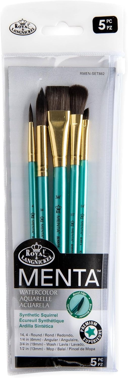 Royal & Langnickel Menta, 5pc Wash Variety Brush Set for Watercolor Paints, Includes - Wash, Mop, Round & Angular Brushes