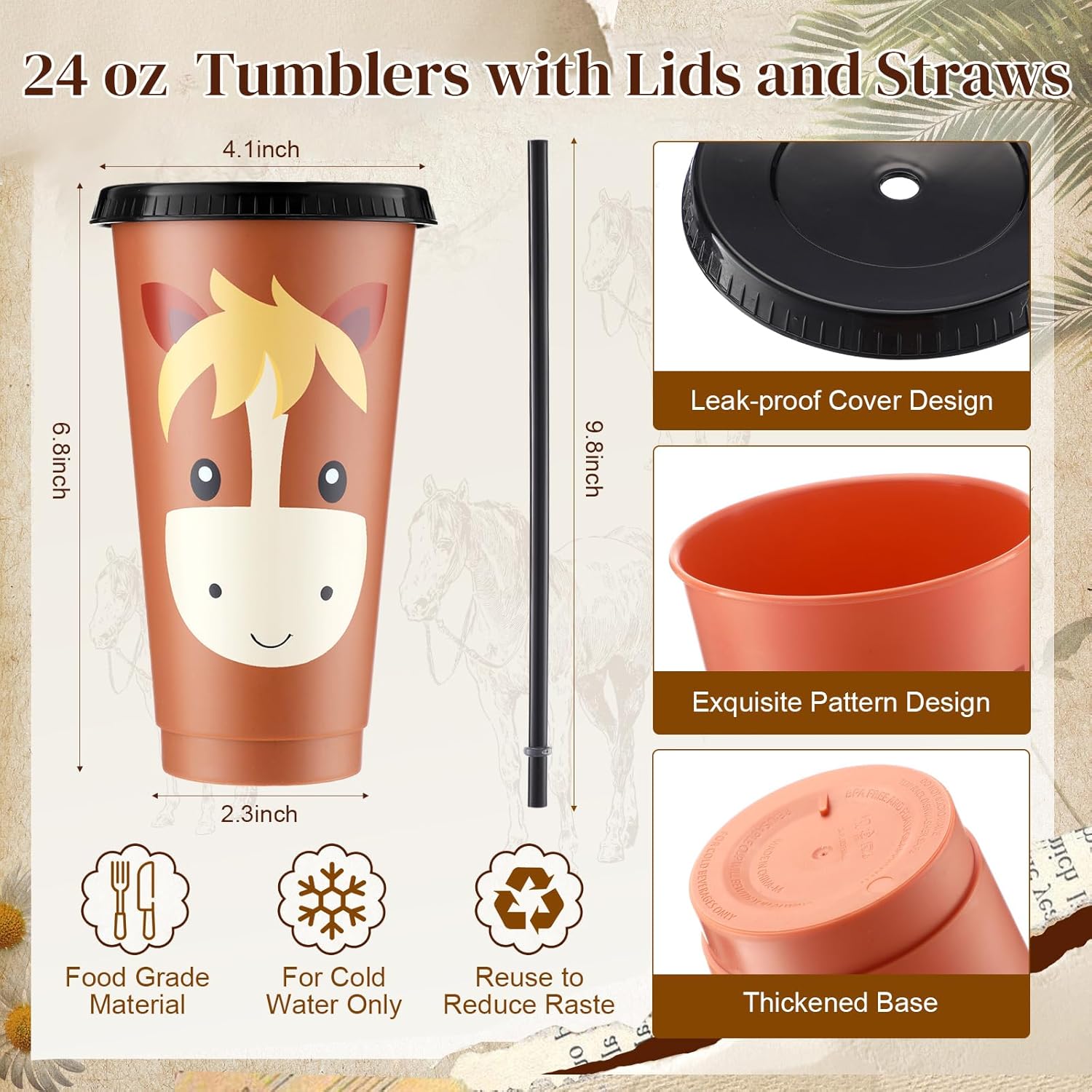 Mifoci 48 Pcs Horse Party Favors Horse Birthday Supplies Include Plastic Cups with Lids and Straws Rodeo Drawstring Bag Keychain and Rubber Wristbands Goodie Bags for Party Decorations