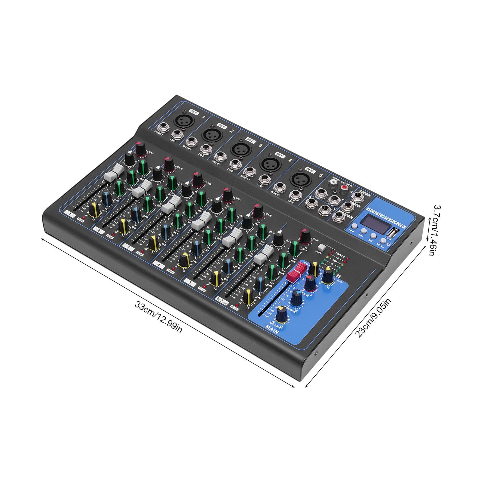 WOHAIPA 7-Channel Bluetooth Portable Audio Mixer, Mixing Console with USB Jack, Diverse Connections, Six Music Modes, Suitable for Home KTV, Stage Performances, Etc.