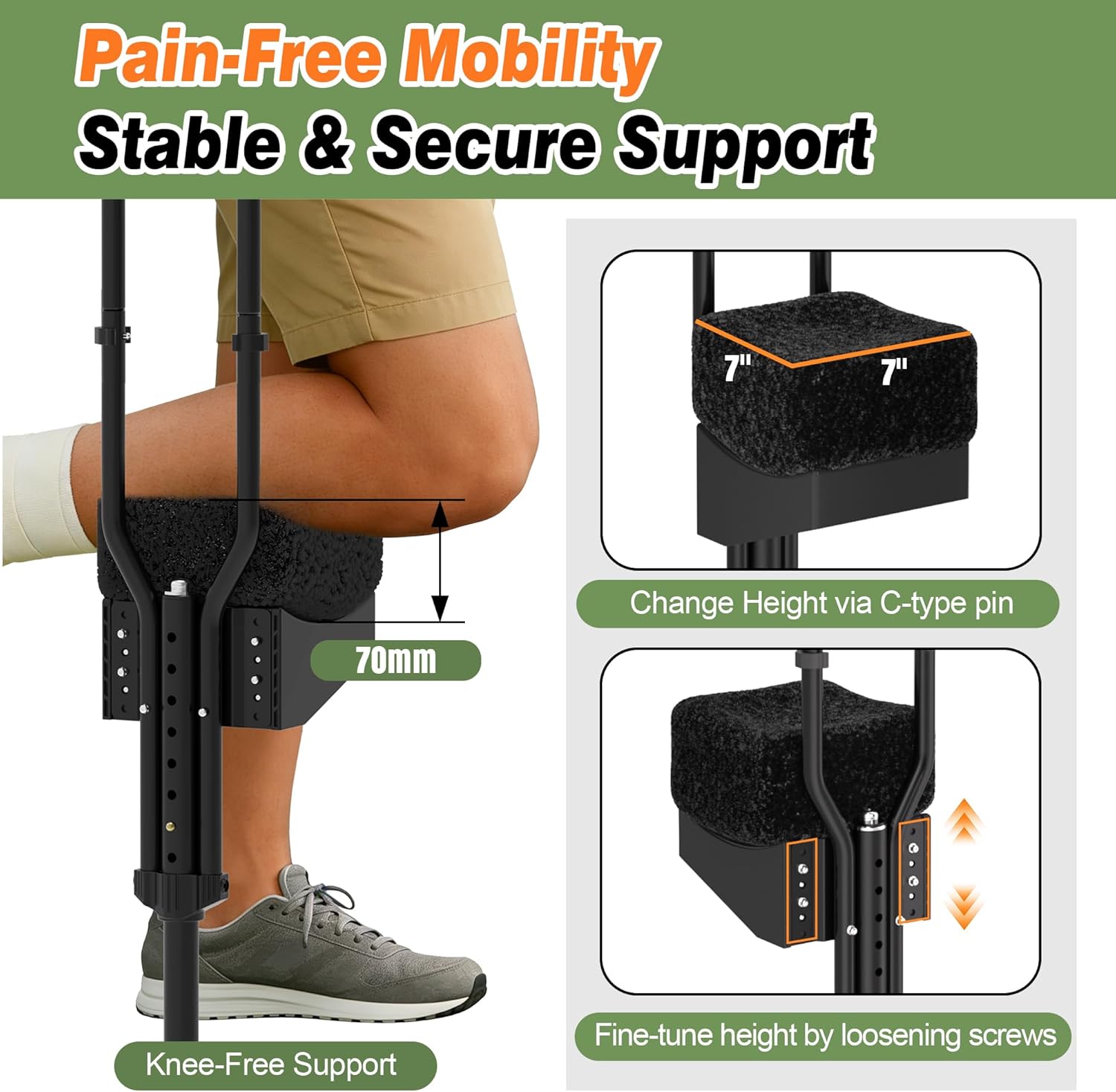 Knee Crutch for Adults with Adjustable Safety Kneepad | Non-Slip Mobility Aid for Left or Right Leg | Comfortable Peg Leg Alternative for Foot & Ankle Surgery Recovery, Leg Injury Support