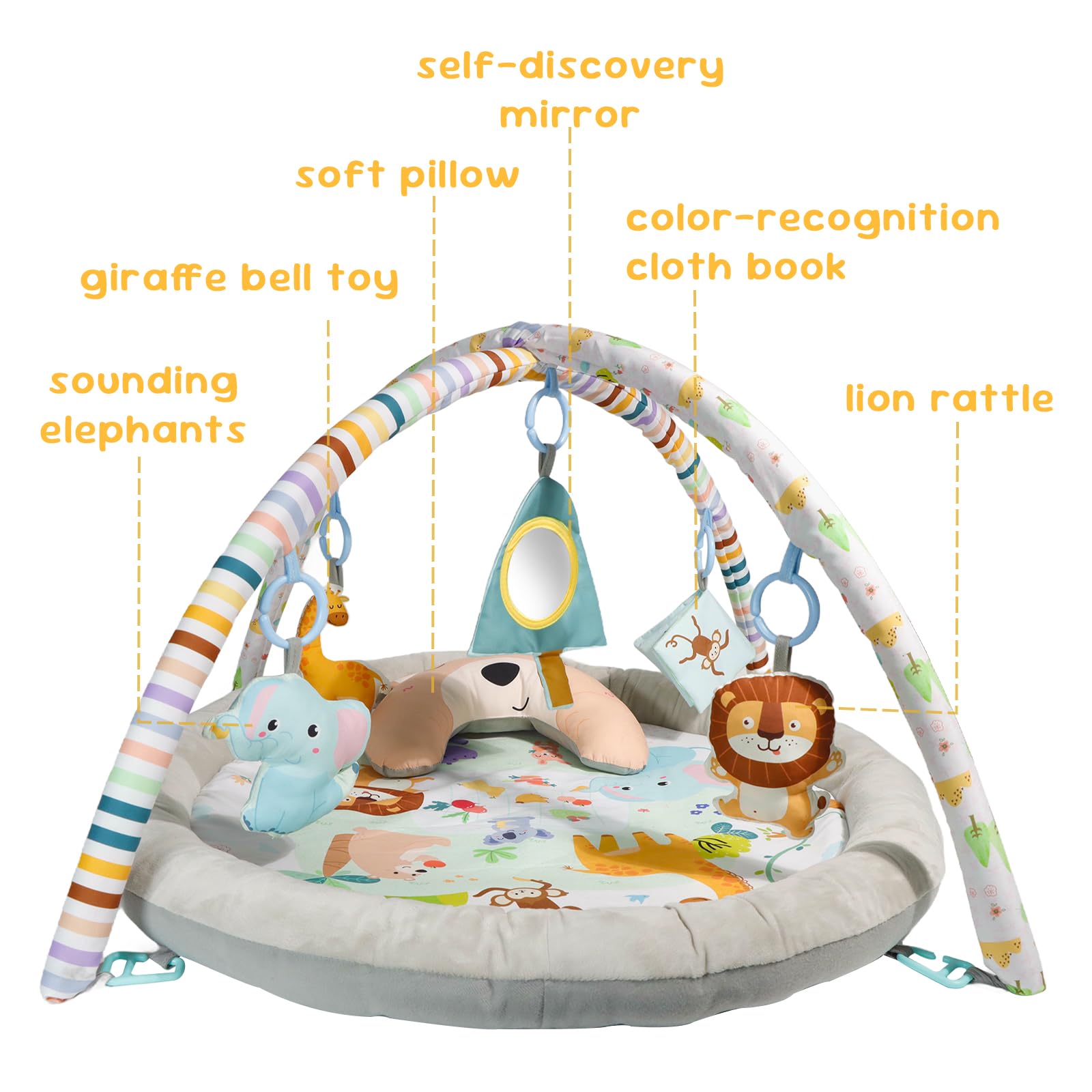 Baby Play Mat, Baby Gym Play Mat for Newborn with Hanging Toys Tummy Time Pillow and Comfy Baby Mats for Floor Play Playmats & Floor Gyms Baby Toys, Baby Activity Gym for 0-36 Months Infants Newborn