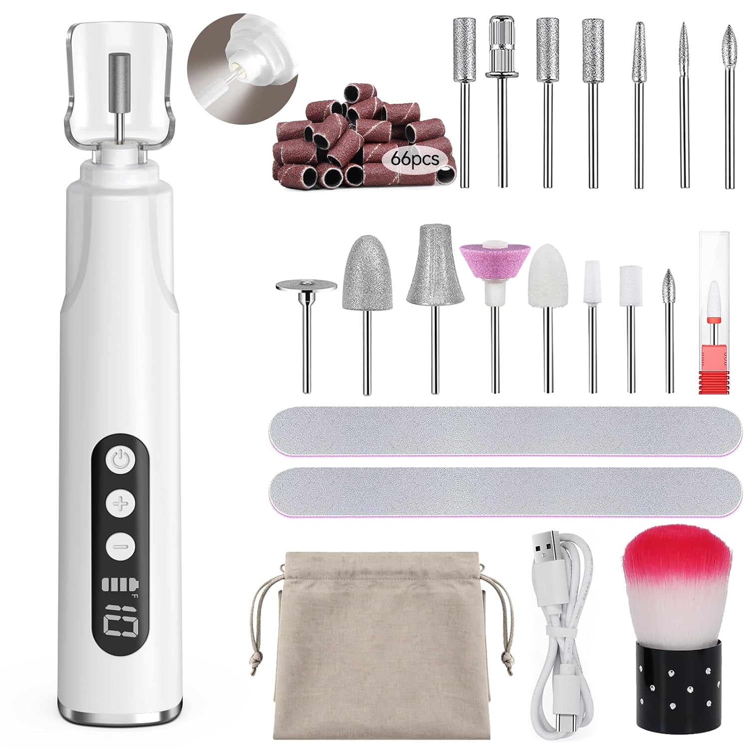 Cordless Electric Nail Drill,10 Speeds Nail Grinder with LED Light & LCD Display,Portable Nail File 20000 RPM,16 Bits Rechargeable Manicure Pedicure Kit for Thick Toenails,Acrylic Nails,White