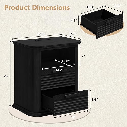 Miniatura 2 de Mesita de noche acanalada de 22 pulgadas con estación de carga, mesa auxiliar moderna con 2 cajones y almacenamiento abierto, mesita de noche de