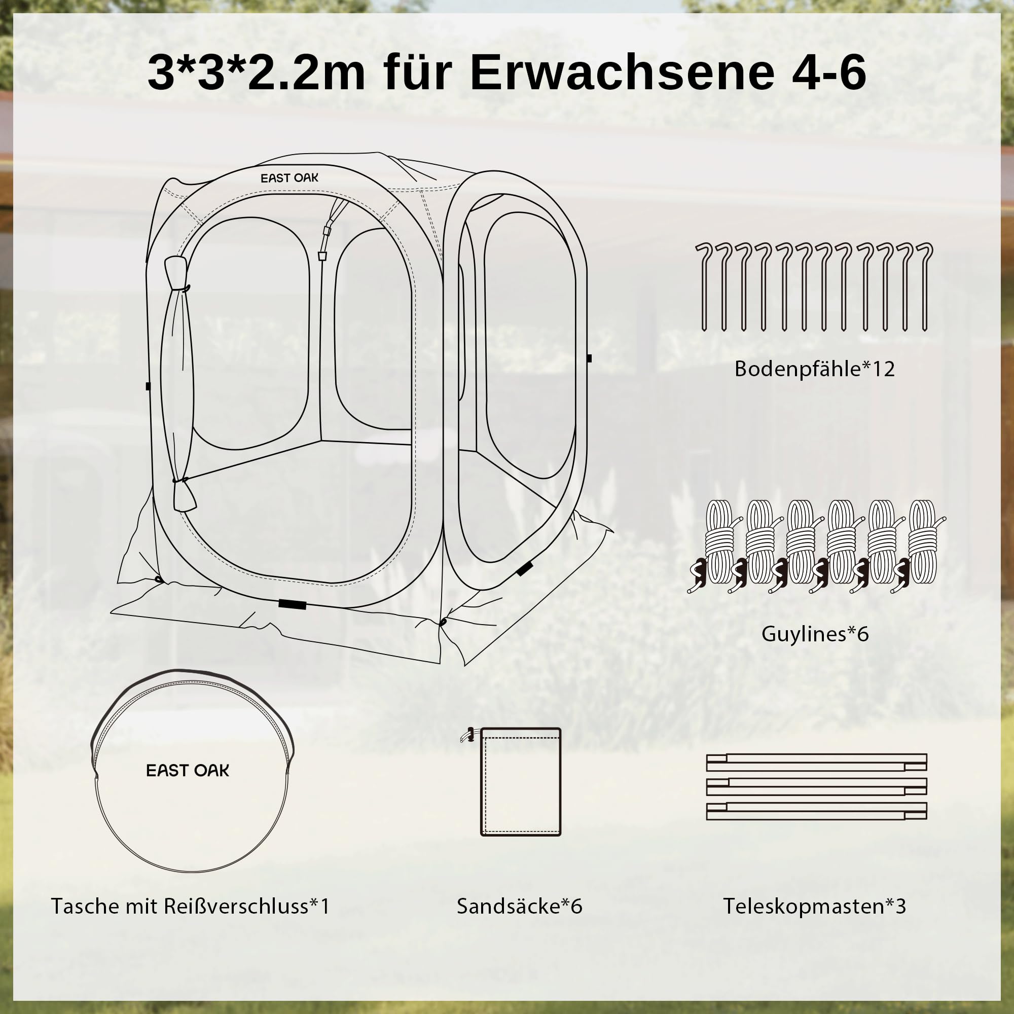 East Oak Pop Up Zelt, Pavillon 3×3m, Wurfzelt Große für 4-6 Personen, Gazebo für Camping, Garten, Terrasse, Stoffe Wasserdicht, UPF 50+ UV Schutz, 360° Belüftung, Anti Moskito, mit Tragetasche, Beige