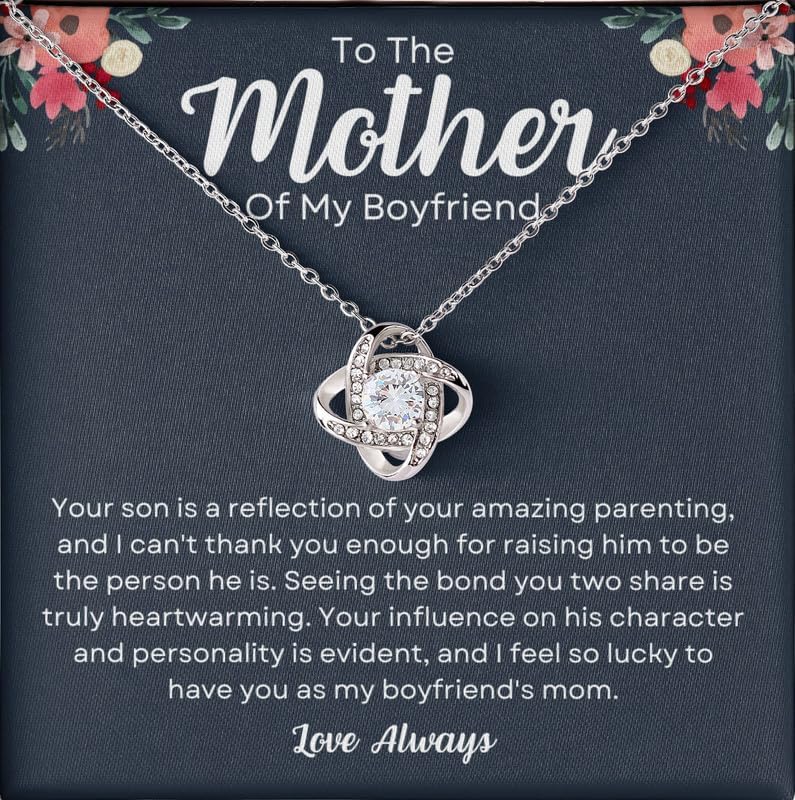 To My Boyfriend's Mom Necklace Message Card Box Love Knot Silver Standard - Your Son Is A Reflection Of Yo - Relationship Jewelry Stepmother Valentine