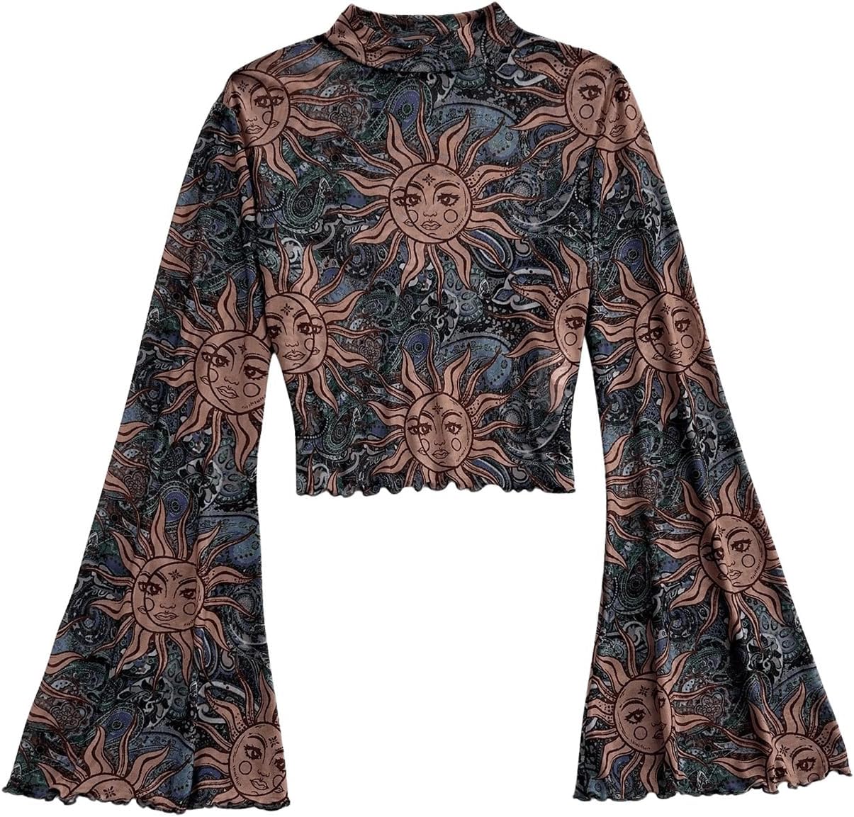 Floerns Women's Mesh Gothic Bell Sleeve T Shirts Mock Neck Paisley Halloween Hippie Crop Tops Brown Multi Medium