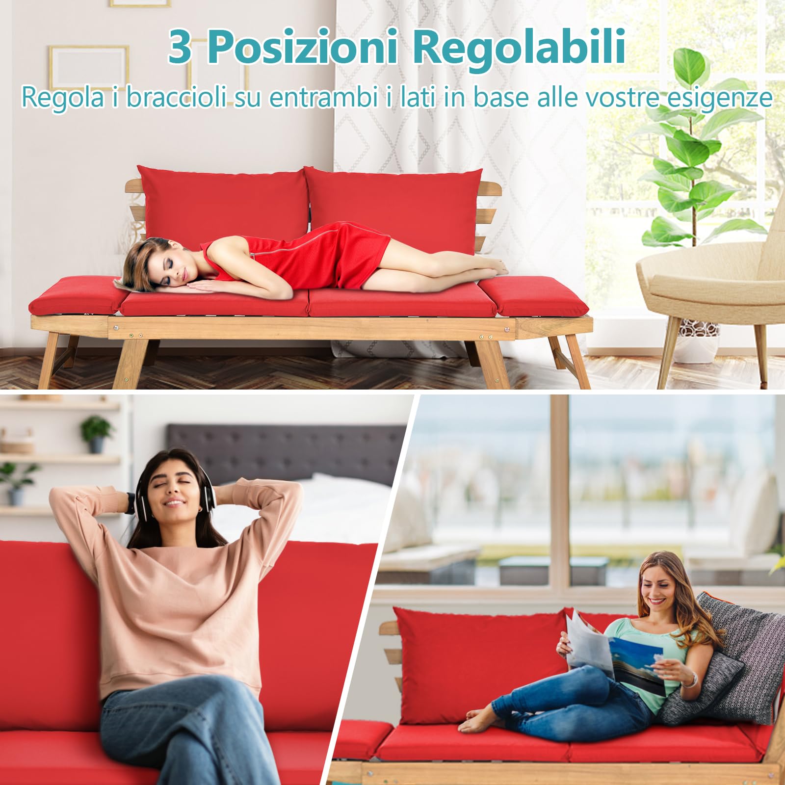 GYMAX 2 in 1 Divano da Esterno 2 Posti, Divano Letto da Giardino con Cuscino, Sdraio da Giardino Pieghevole in Legno con Braccioli Regolabili, Set Divano Giardino, 157-198 x 75 x 75 cm (Rosso)