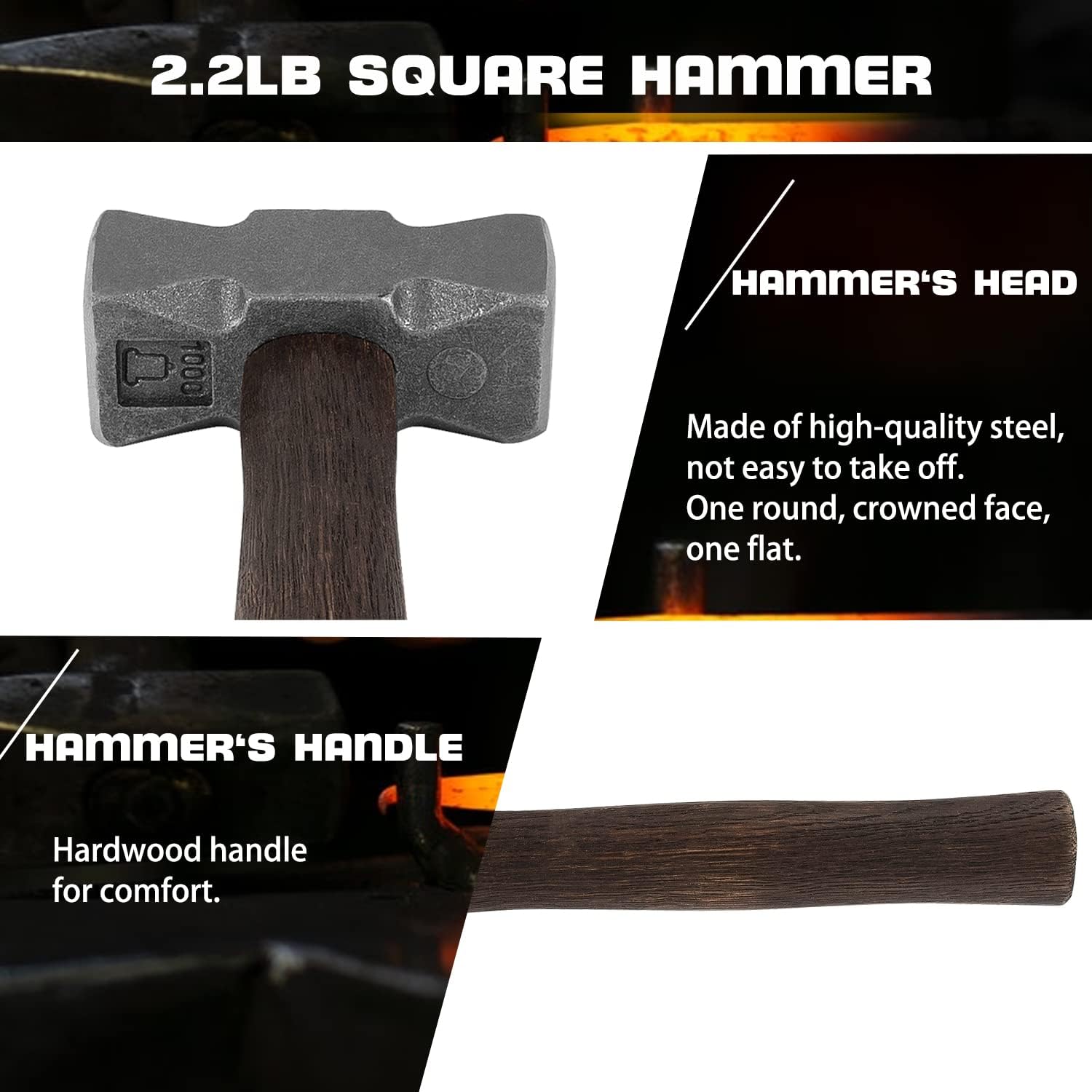 2,2 Lb (1000 g) quadratischer Schmiedehammer, perfekt für Hufschmied, Klingenschmieden, Schmiedewerkzeug