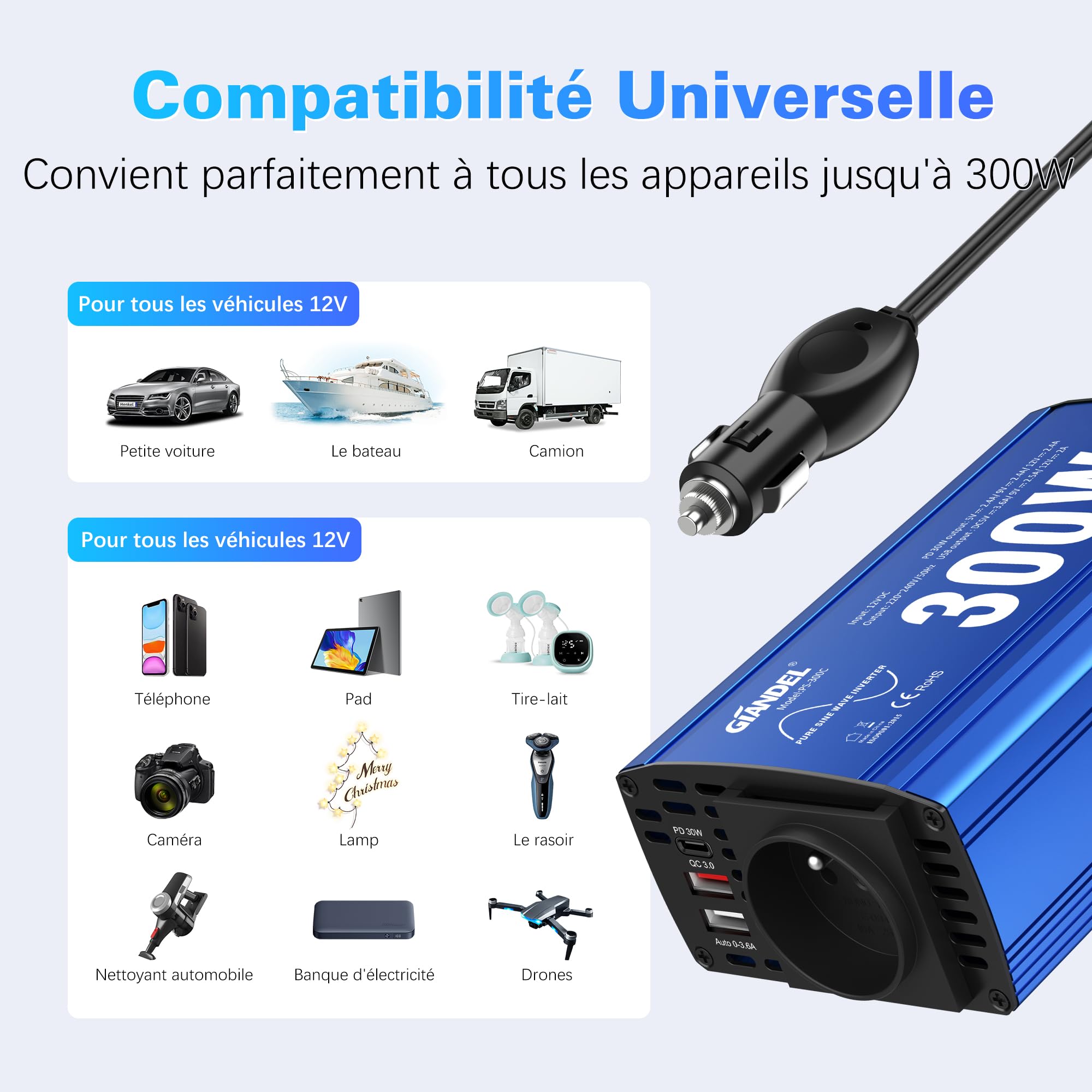 300W Pur Sinus Convertisseur 12V 220V 230V Onduleur à Onde Sinusoïdale Pure Adaptateur de Voiture avec PD30W Type-C & QC 3.0 Type-A USB pour Tablettes Portables Smartphones GIANDEL