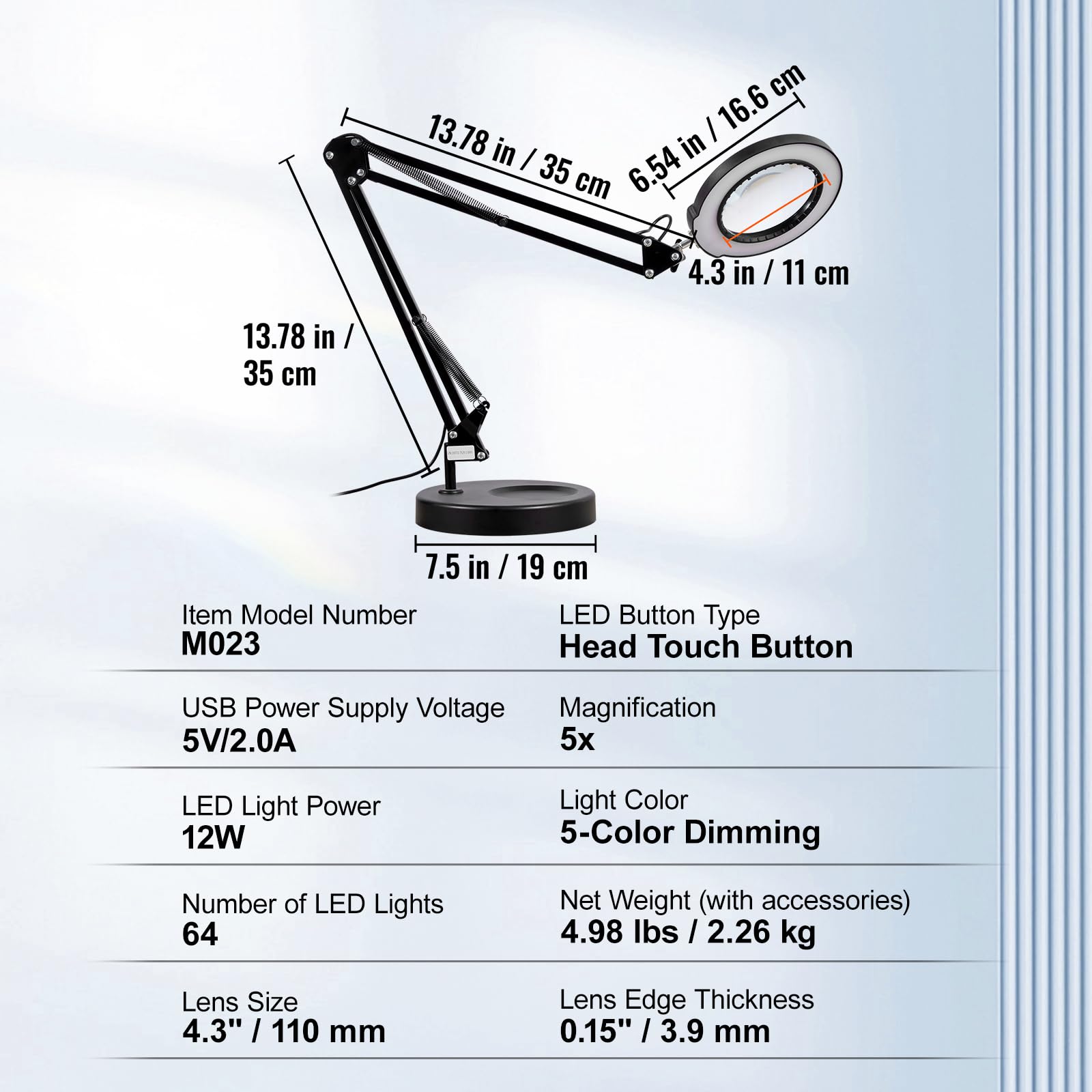 VEVOR 64 LED lampa z lupą, lampa robocza ze stojakiem, lampa stołowa 5 x powiększenie, 5-kolorowe ściemnianie, soczewka szklana 110 mm, inteligentne sterowanie dotykowe, idealna do pracy, nauki