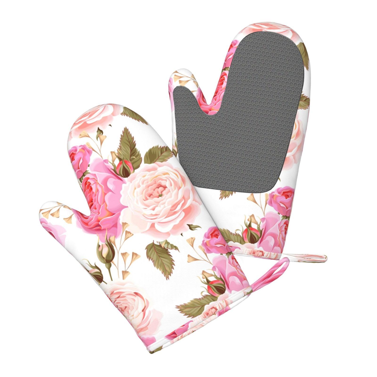 Fleur Rose Rose,Gants de Cuisine et maniques (Lot de 4), antidérapants Gants de Four résistants à la Chaleur