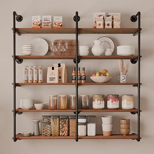 Miniatura 9 de Estante industrial de tubo de hierro de 5 niveles, estantería de tubo de 48 pulgadas con tablón de madera maciza, estantes abiertos para libros,