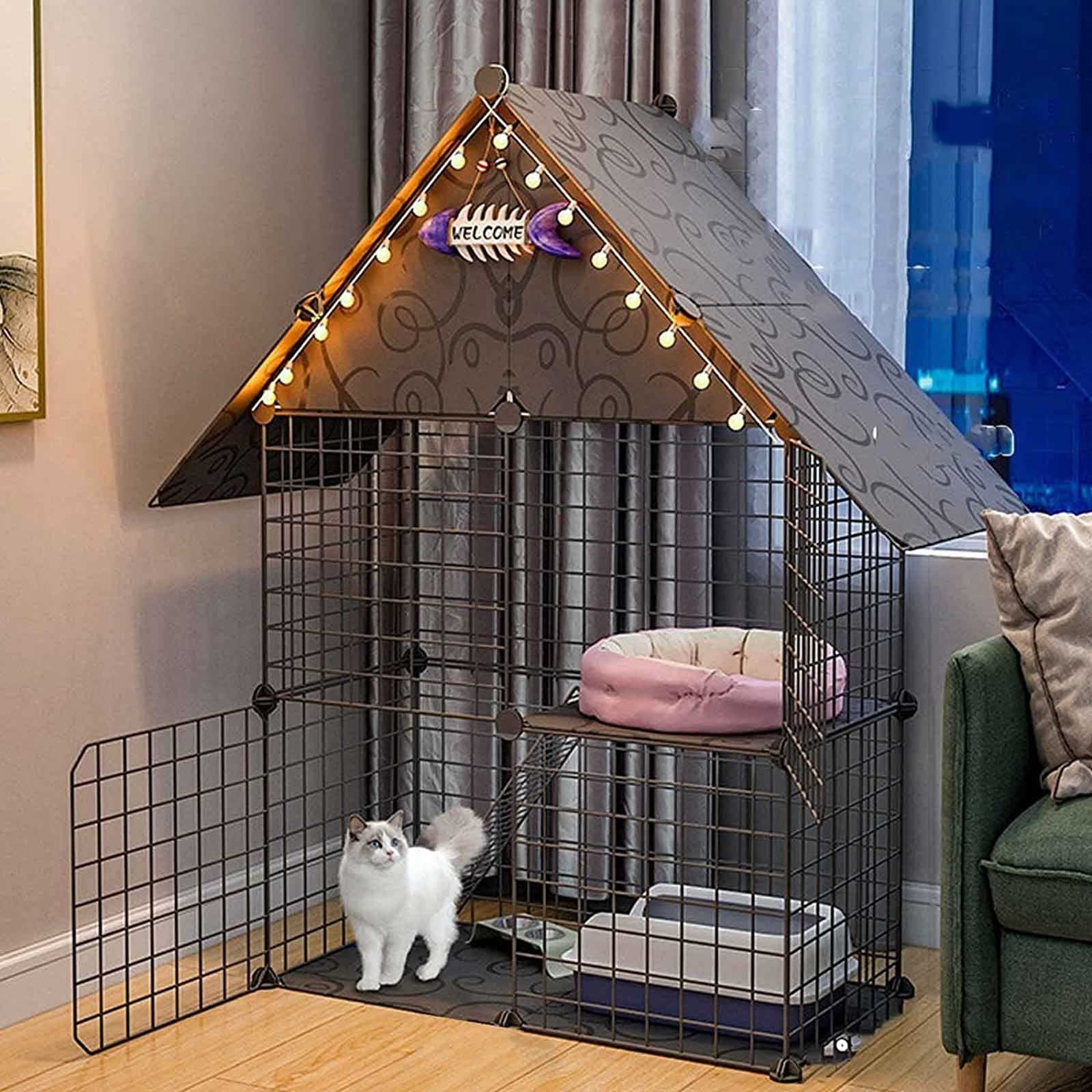 Cage pour chat intérieur avec bac à litière et grand enclos lapins en métal