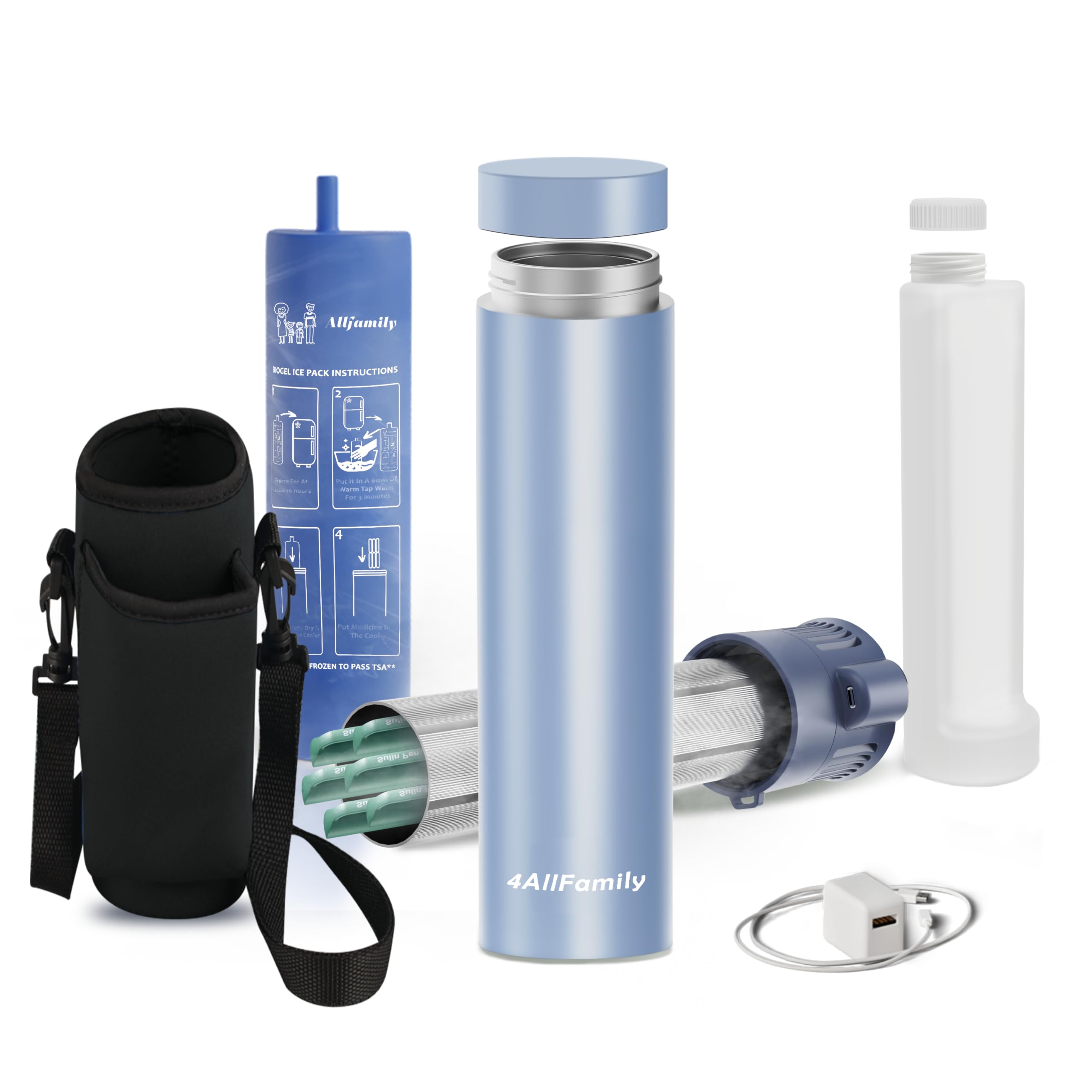 4ALLFAMILY Voyager Insulin Cooler with Auto Shut-Off – Insulin Cooler Travel Case TSA Approved for 30H – Blue USB Powered Medication Travel Case with Ice Pack for Temperature-Sensitive Meds