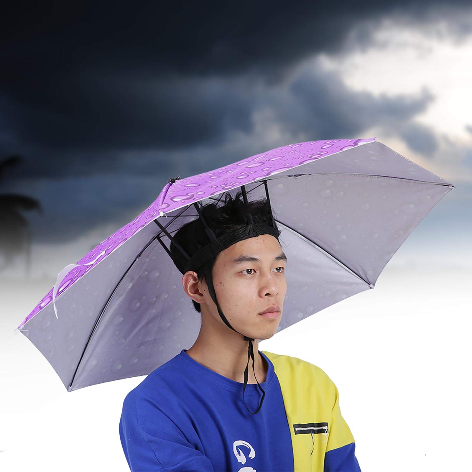 SUCIE Folding Hat Umbrella, High-quality Fabric Fishing Umbrella Elastic Headband with Fashion Appearance for Outdoor Enthusiasts(Raindrop purple) - Image 4