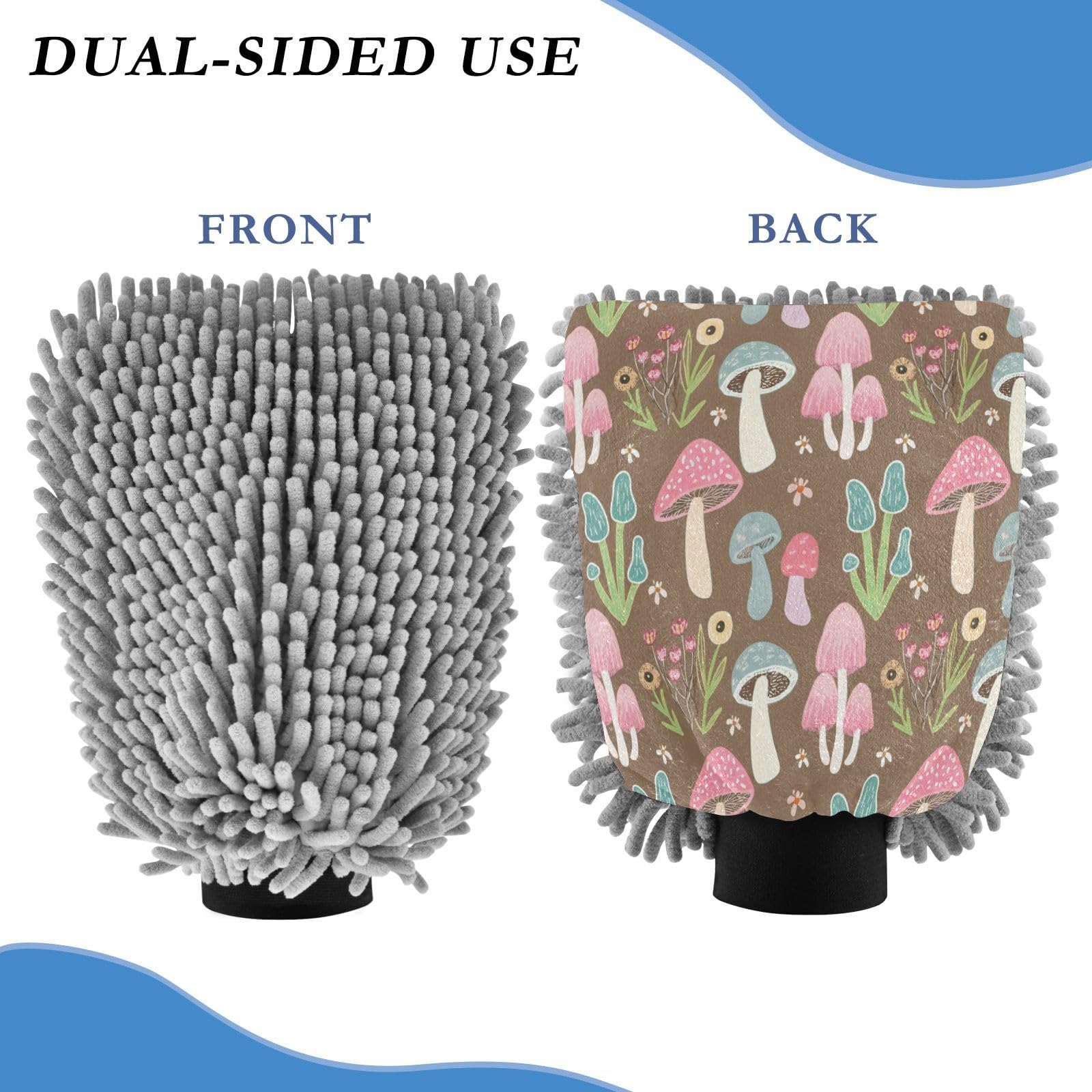 Kigai Cute Cartoon Mushrooms Car Wash Mitt Microfiber, 2Pcs Scratch Free Lint-Free, Premium Chenille Microfiber Mitt Car Wash Brush-L