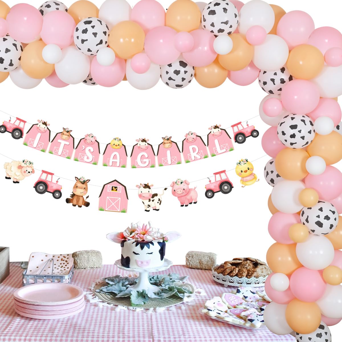 Farm Animal Baby Shower Decorations for Girls Pink and Apricot Balloon  Garland Decorations Farm Theme Garland It’s A Girl Banner Animal Balloons - Main Image