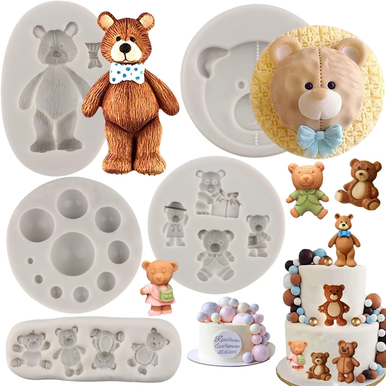 Sijiangmold 3D Pearl Fondant Mold Bear Silicone Fondant Mold Ball Pearl Semi Sphere Chocolate Molds For Cake Decorating Cupcake Topper Polymer Clay Gum Paste Set Of 5