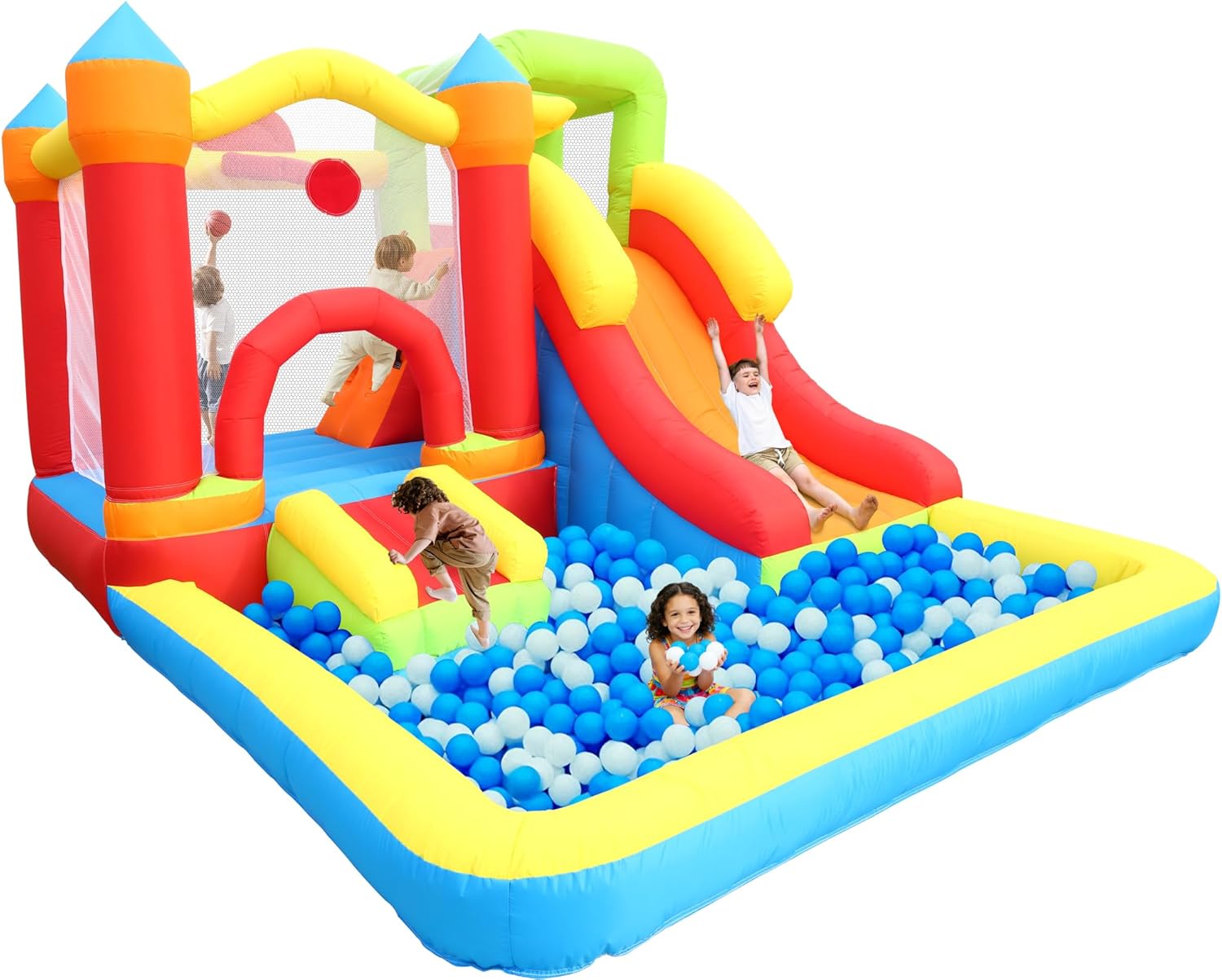 Bounce House with Ball Pit,7-in-1 Inflatable Bouncy Castle with Blower,Climbing Wall,Slide and Basketball Hoop for Backyard,Jump House Playground for Kids Toddlers Ages 3-10 Indoor Outdoor Use