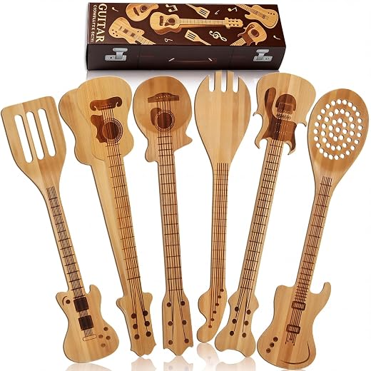 Wiooffen 6 Pcs Guitar Shaped Cooking Utensils Set Guitar Bamboo Cookware Set for Men Fun Music Themed Kitchen Utensils Unique Musician Valentines Gifts for Music Lovers Kitchen Decoration