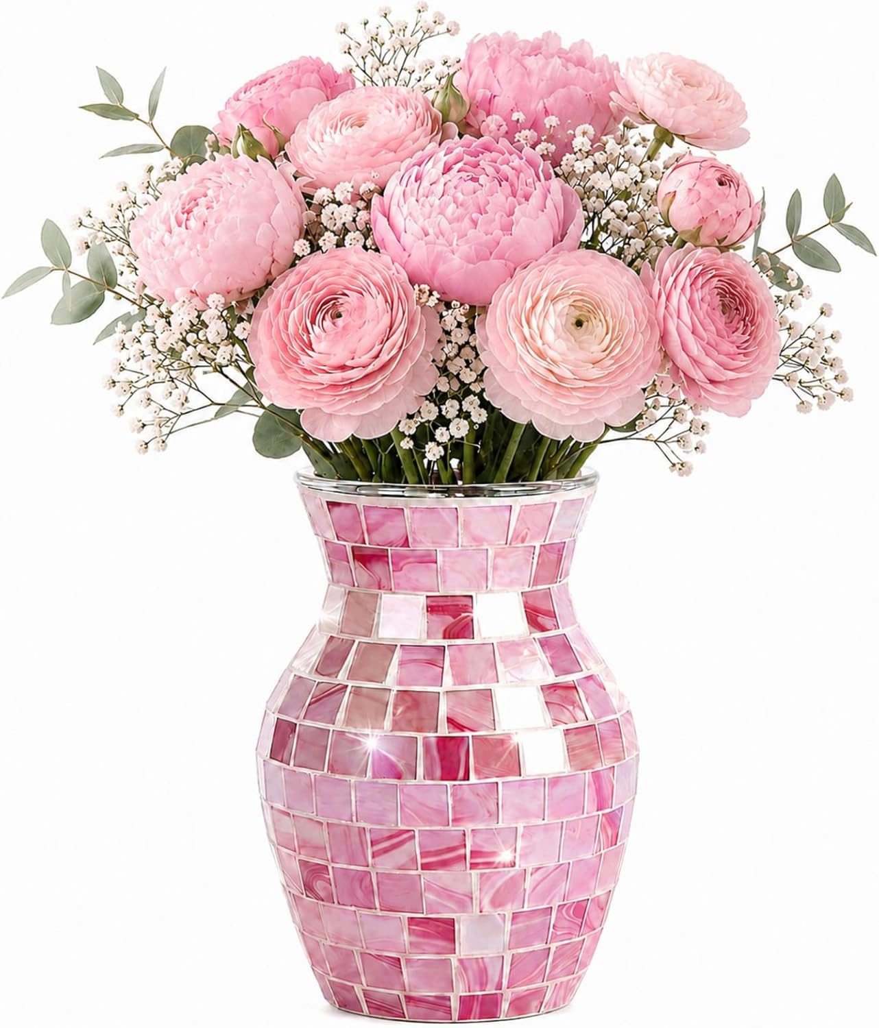 Pink Mosaic Glass Vase, 8 Inch Handmade Flower Vase for Home Decor, Modern Decor…