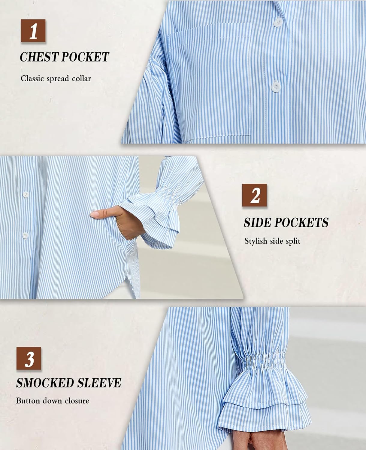 whoinshop Women's Striped Button Down Shirts Oversized Smocked Cuffed Boyfriend Shirt Puff Sleeve Blouse Top with 3 Pockets - Image 4