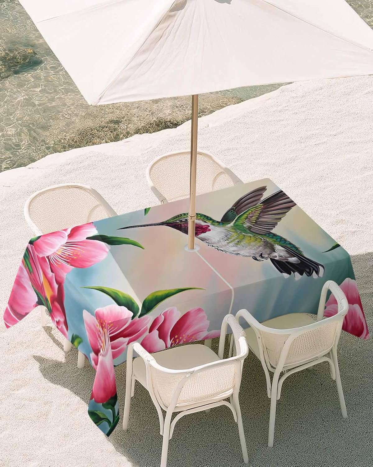 Hummingbird Rectangle Thanksgiving Table Cloth with Umbrella Hole,Zippered Pumpkin Pink Sakura Flower Tablecloth Spillproof Tablecloths,Summer Floral Patio Table Cloths for Outdoor 60x84in