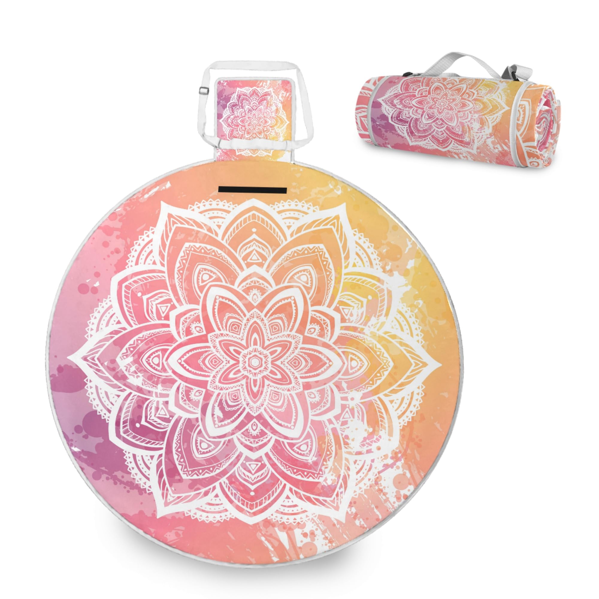 ALAZA Round Waterproof Picnic Blanket, Orange Mandala Perlis Flower Portable Folding Indoors Rug Outdoors Mat for Travel Hiking Camping Park, 148cm โ image 1