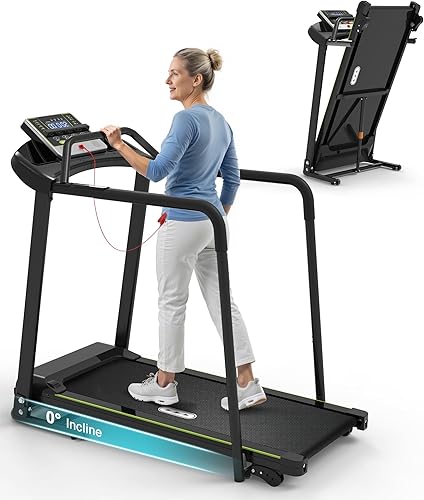 Redliro Caminadora para personas mayores que caminan lentamente, arranque de 0.3 mph, pasamanos delanteros y largos, caminadora plana