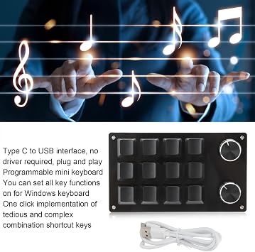 One Handed Macro Mechanical Keyboard, Portable Multifunctional One Handed Mechanical Gaming Keypad with 12 Fully Programmable Keys & Knob, for , for Linux, for Vista, for OS X(Black)