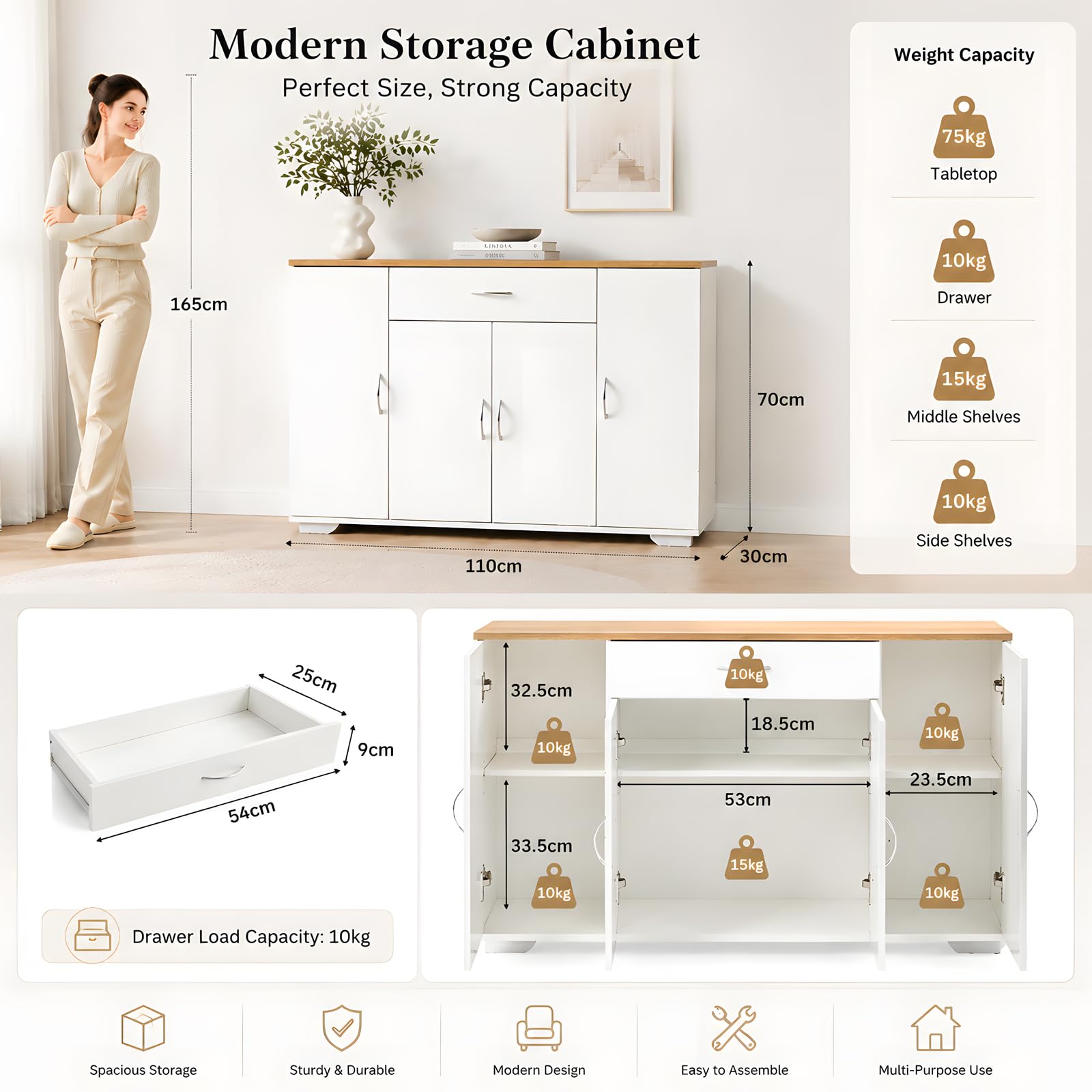 Set 2 Credenze Sala da Pranzo Lunghe 220cm, Buffet XXL Sottile Bianco e Rovere, Madia con 8 Ante 2 Cassetti per Soggiorno e Open Space, 220x30x70