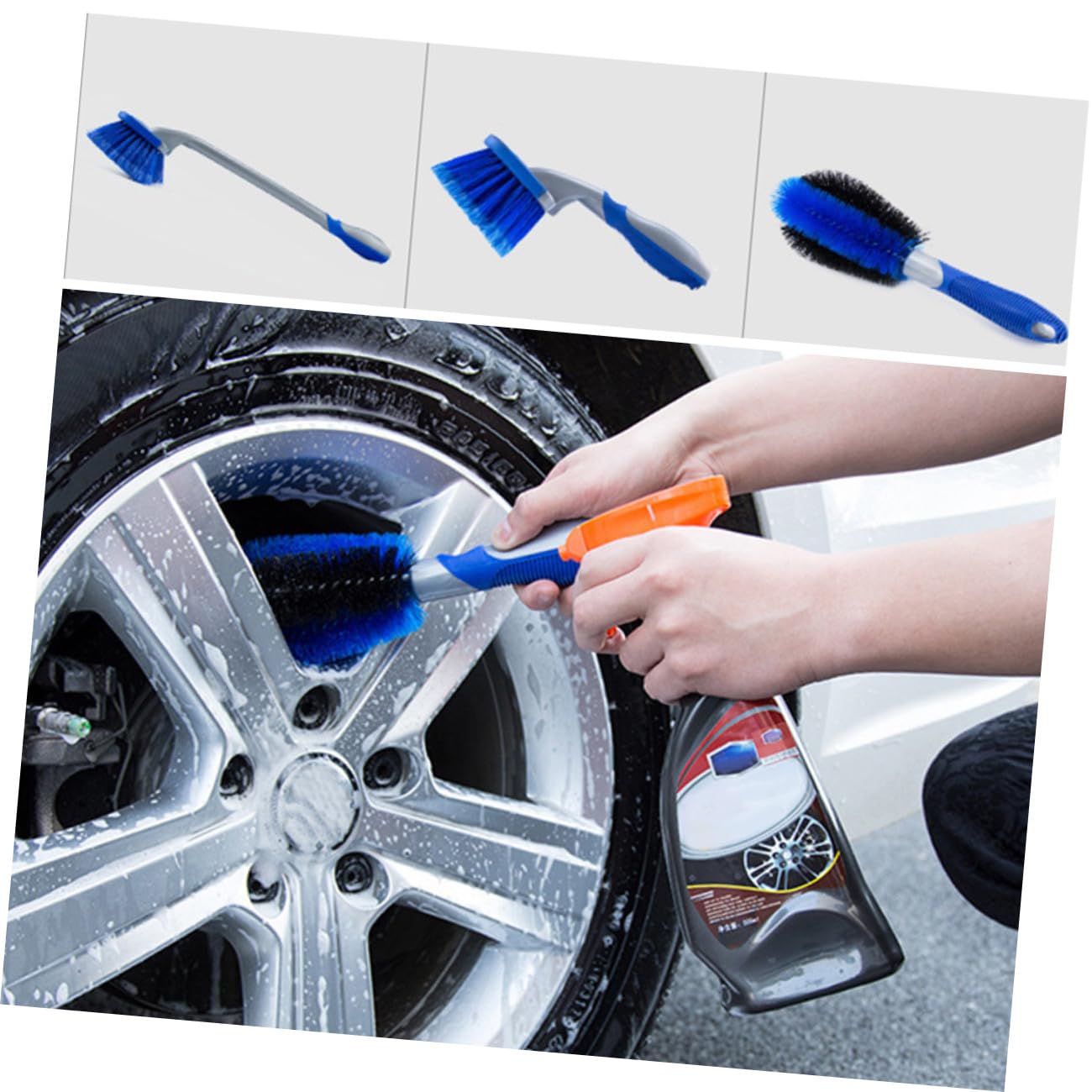 Ciieeo Set di 3 Spazzole per Cerchioni Auto Blu in PVC e Pp | Impugnature Corte e Lunga, per Raggio e Paraurti, Kit Pulizia Pneumatici, Uso Auto e Moto