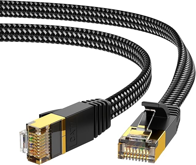 KINBETA Cat 7 Ethernet Cable 2m, High-Speed 10Gbp 600Mhz Gigabit Cat7 Internet Network Ethernet Cable Flat Braided Lan Rj45 Patch Cord Shielded for Xbox PS3 PS4 PC Laptop Router TV