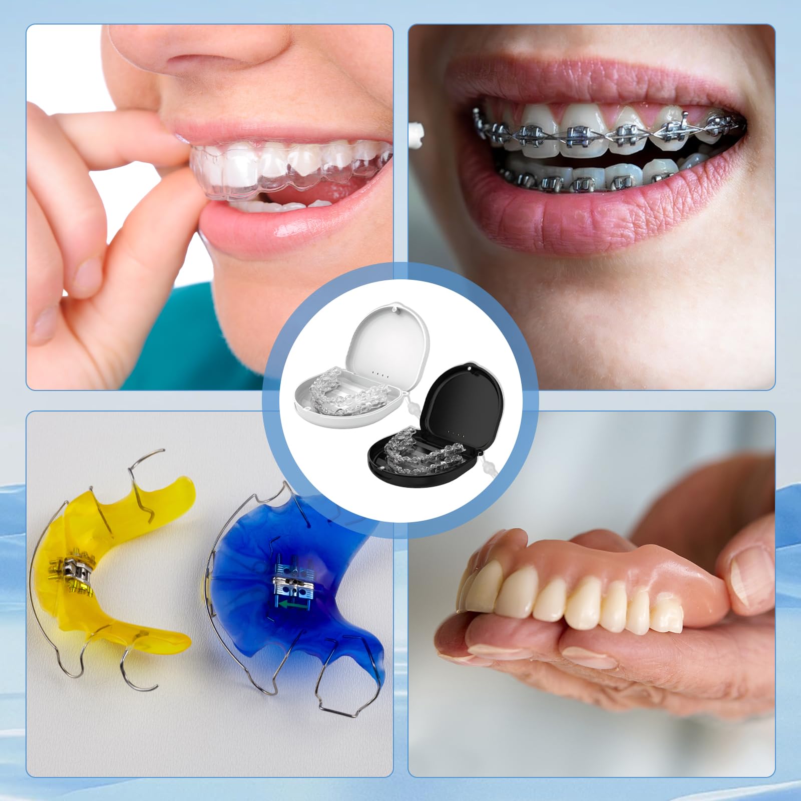 Funda Ferula Dental 2 PCS Caja Dentadura Postiza con Correa de Silicona y Herramientas de Extracción Negro Blanco