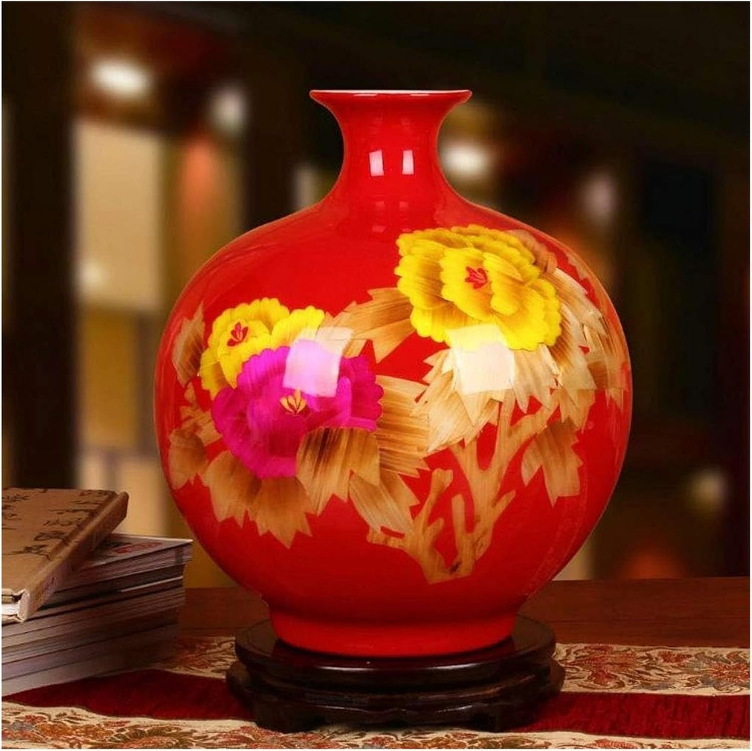 Vase Tabletop Red Rich Peony Flower Different Characteristics Excellent Porcelain Jingdezhen Ceramics Capital
