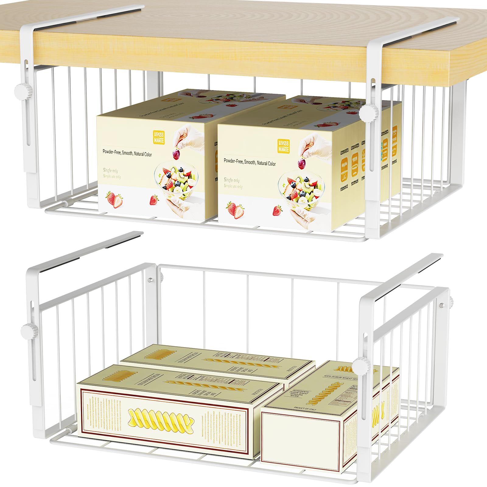 Shruntone 2 Pack Hanging Under Shelf Storage Basket,Adjustable Under Cabinet Add-on Storage Racks Baskets Organizer for Cabinet Pantry Cupboard Desk Counter Bookshelf Space Saver (White)