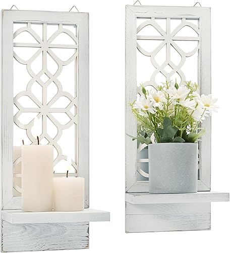 Miniatura 5 de Juego de 2 candelabros de pared grandes, decoración rústica de granja, arte de pared para el hogar, espejo flotante, decoración de pared blanca para