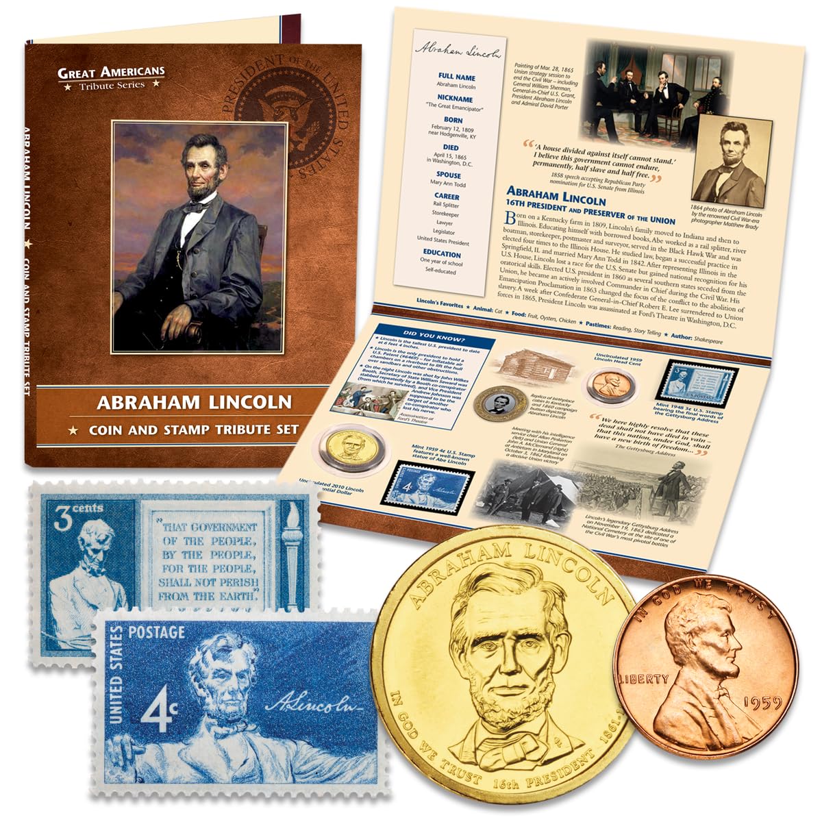 Abraham Lincoln Tribute Coin and Stamp 4-Piece Set with Holder