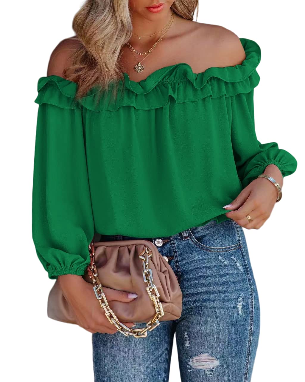 evnanic Womens Casual Off Shoulder Tops Long Sleeve Ruffle Flowy Chiffon Blouses Shirts