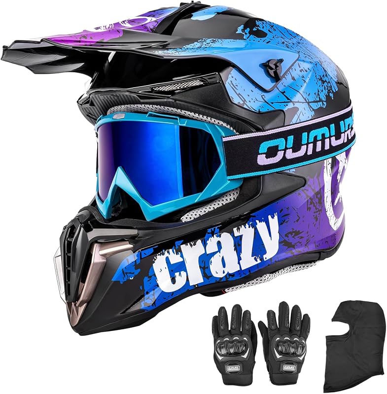 OUMURS Casco de moto de cross para adultos con lentes, guantes y máscara, hebilla de liberación rápida, visera ajustable, casco para motocicleta, para adultos, todoterreno, motocross, descenso, ciclomotor MX para unisex-adulto