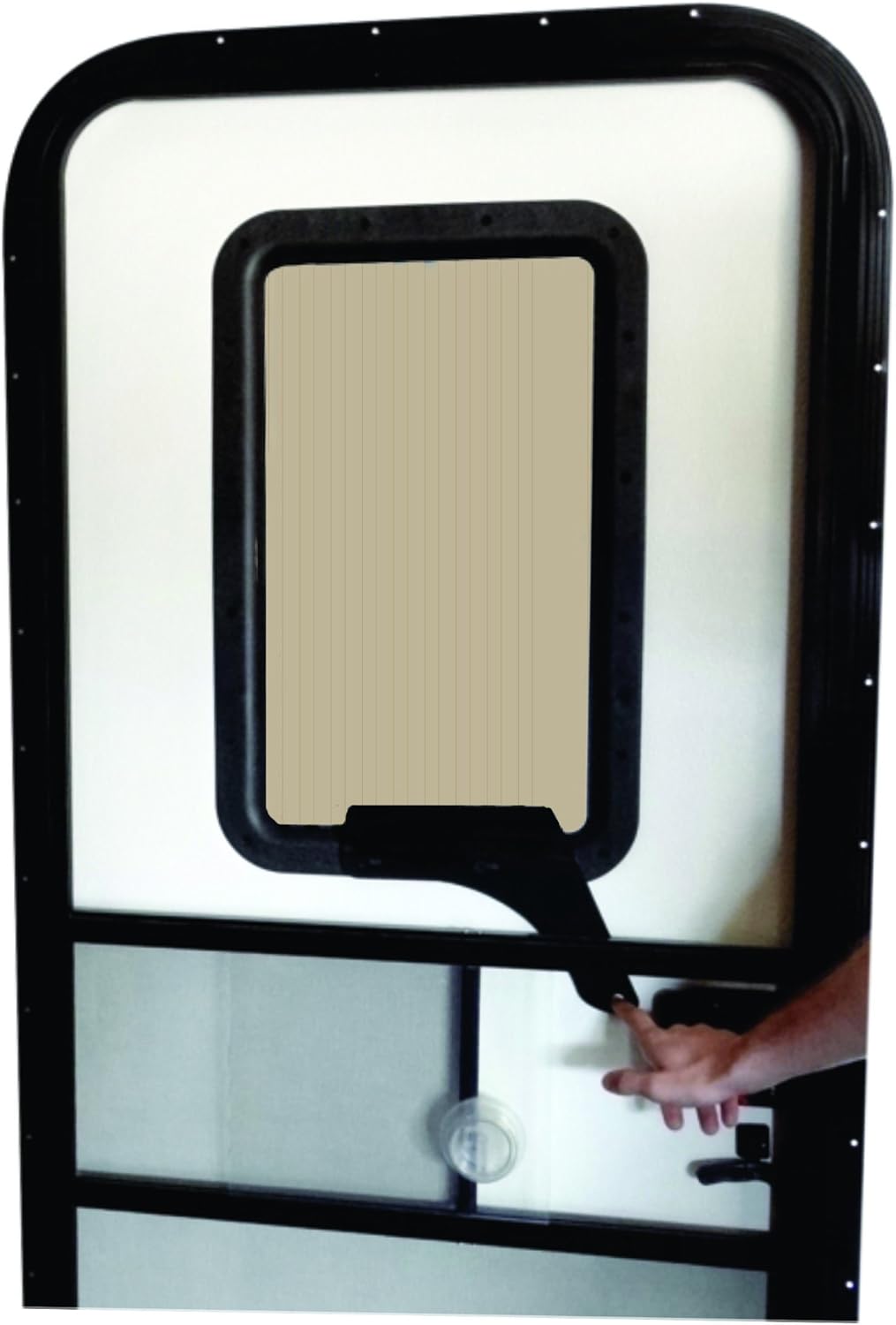 Crеаtіvе Prоduсt RV Door Window CloZures Shade, Controls Sun Glare, Privacy, and Outside View by Moving fingertip Lever, Without Opening Screen Door. Kit Includes Tinted Glass to Replace Frosted Glass. (Beige)
