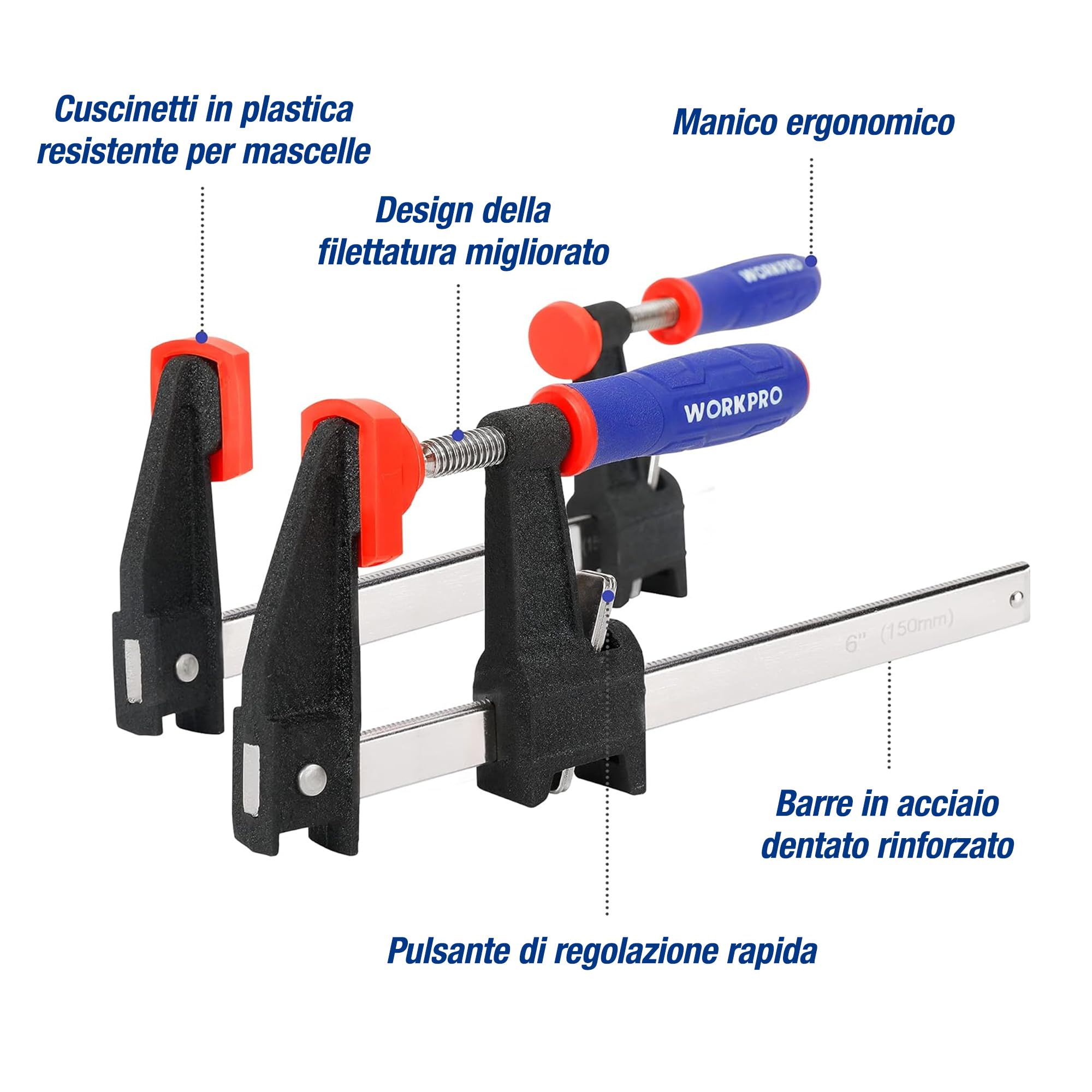 WORKPRO Morsetto da Falegname 4 Pezzi, Morse per Legno a Sgancio Rapido, Larghezza di Serraggio 150/300mm, Forza di Serraggio Massima 272kg, Adatto a Falegnami Professionisti e Fai da Te