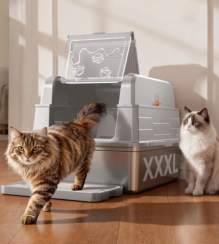 Catlike Upgrade XXXL Stainless Steel Cat Litter Box 3-Layer Leak-Proof | Oversized Real 152L Capacity Enclosed Design w/ Charcoal Filter for Maine Coon & Multi-Cat Homes, with Metal Scoop & XL Mat