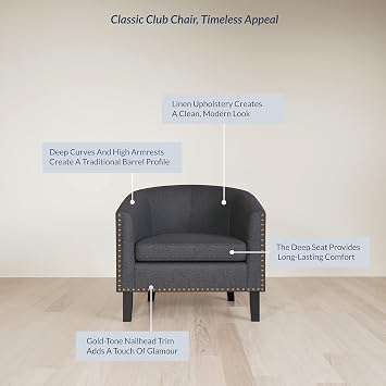 BELLEZE Accent Barrel Chair، كرسي نادي الحوض الحديث كرسي بذراعين منجد مع زخرفة رأس مسمار ذهبي وأرجل سوداء لغرفة المعيشة صالة شقة بغرفة نوم - رمادي/كتان